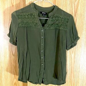 krazy kat Olive Green Lace Detail Button Down Linen Cropped Top